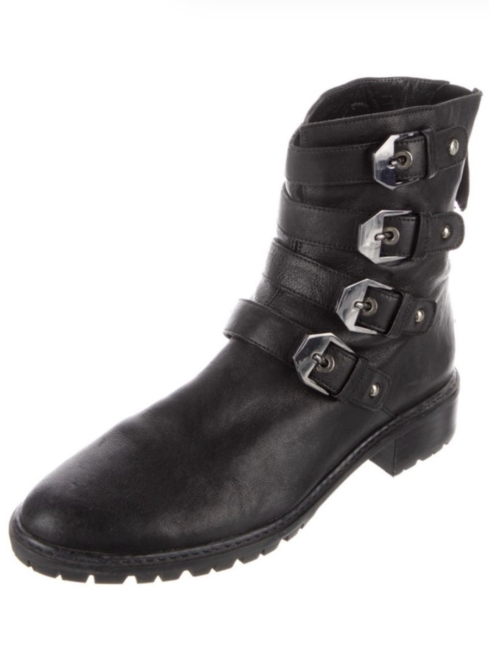 Stuart Weitzman Black Multi-Buckle Leather Moto Boots
